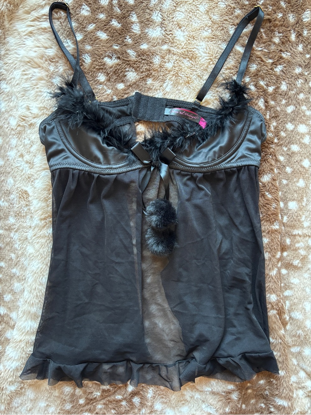 Sheer Black Feather-Trim Camisole with Pom-Pom Tie